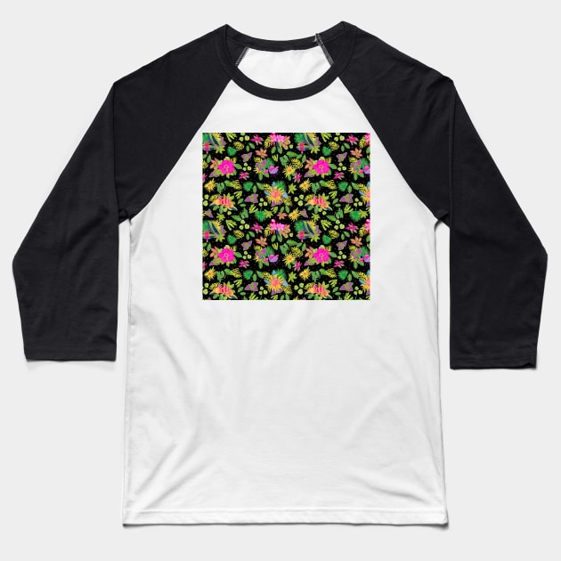 Tropical Flowers on Black Backgroud Baseball T-Shirt by MarcyBrennanArt